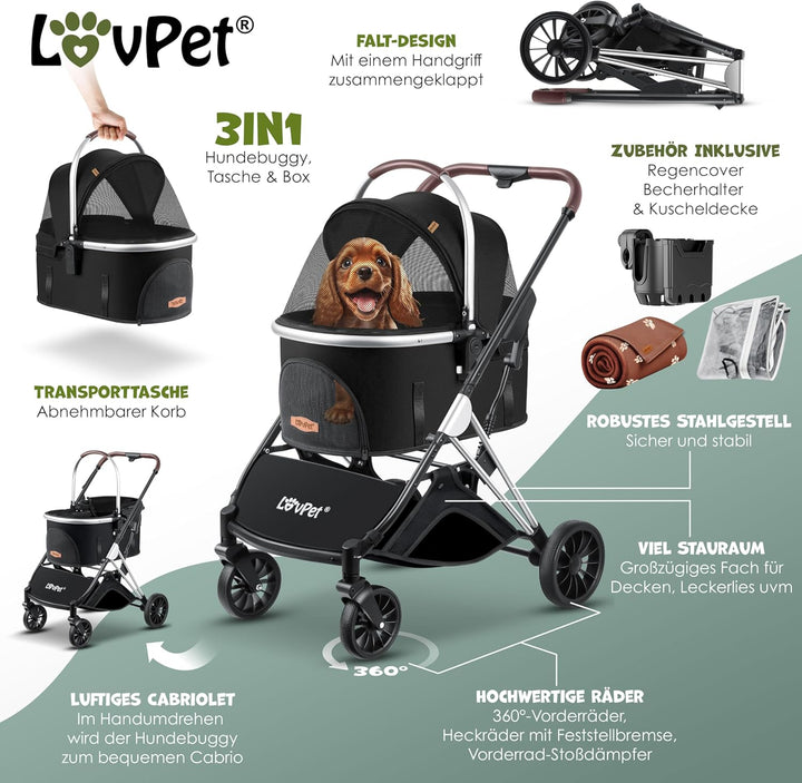 LOVPETยฎ Hundewagen 3in1 Hundebuggy Hundebox Transporttasche 360ยฐ Grosse Rรคder Faltbar klappbar Haust