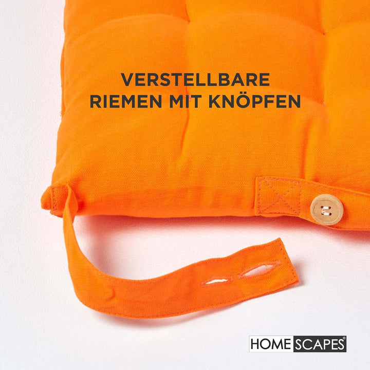 HOMESCAPES 4er Set Stuhlkissen 40 x 40 cm, orange, Sitzkissen mit Bändern und Knopfverschluss, einfa