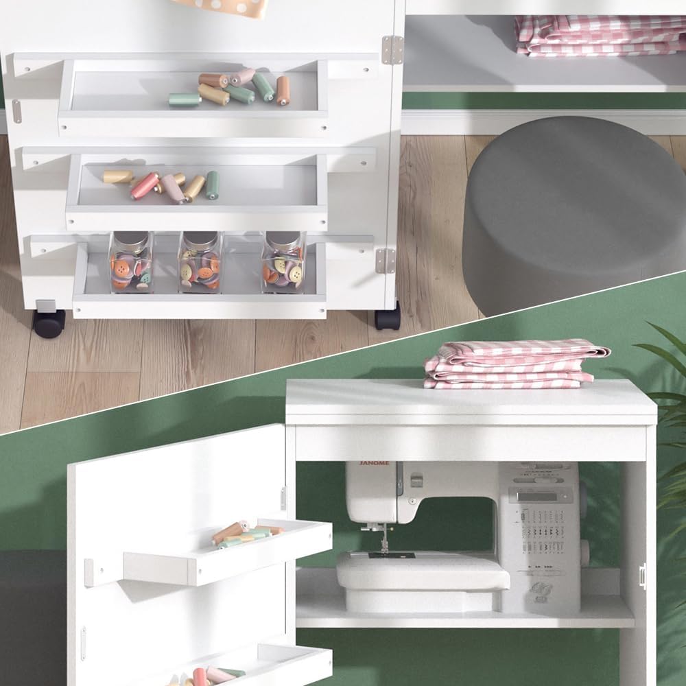 Vicco Nähtisch Carmen, Nähmaschinenschrank, Weiss, 118.5 x 79.5 cm mit 3 Regalen Weiss 118 cm, Wei&#