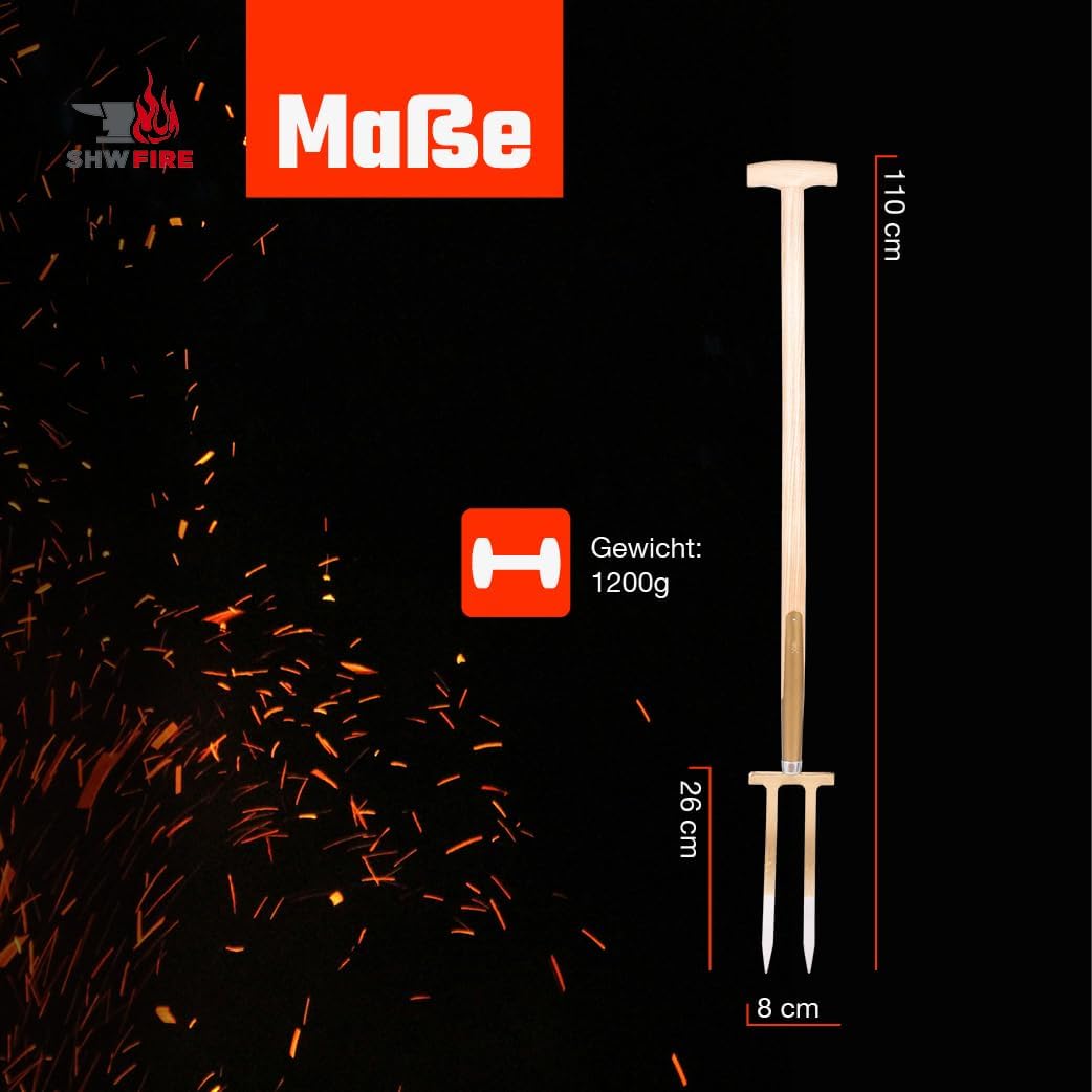 SHW-FIRE 59046 Rosengabel Bajonettzinken Stahl Handgeschmiedet Geschmiedet mit Stiel Holzstiel 85 cm