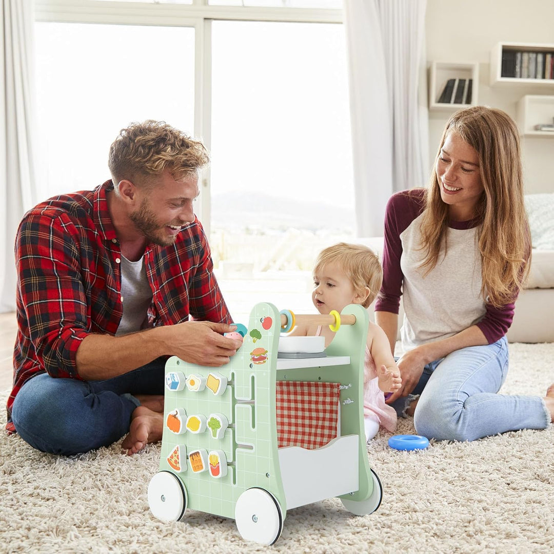 COSTWAY 6 in 1 Lauflernhilfe aus Holz, Lauflernwagen mit Spielküche, Lernuhr, Formanpassung & bewegl