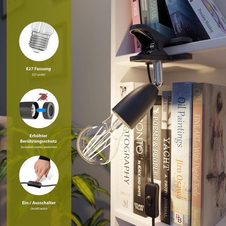 ledscom.de E27 Klemmleuchte LIK, schwarz inkl. PAR38 LED Reflektor-Lampe schwarz je 1279lm warm-weis