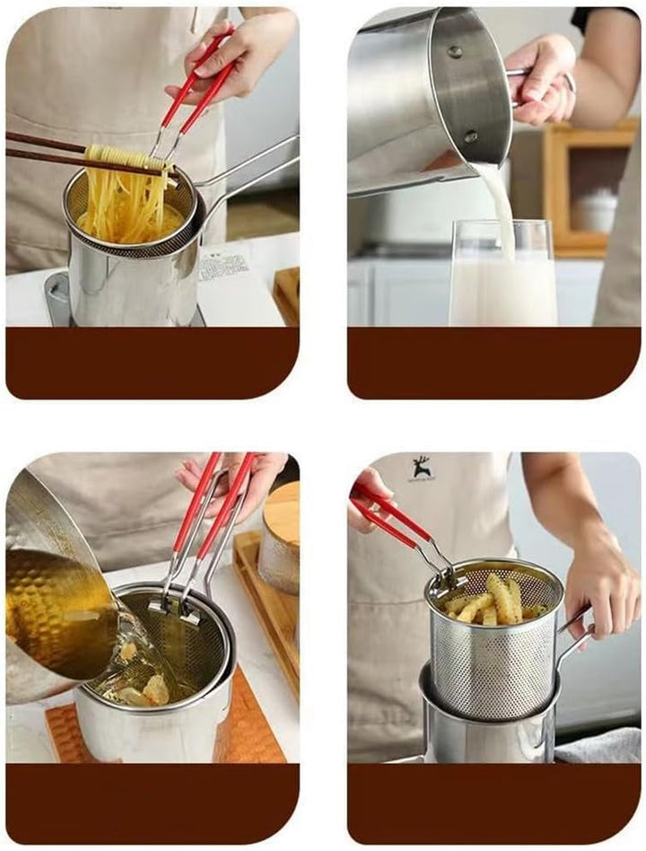 Fritteusentopf aus Edelstahl, Nudelkorb mit Sieb, Küchenbratpfanne, Frittiertopf mit Griffen zum Bra