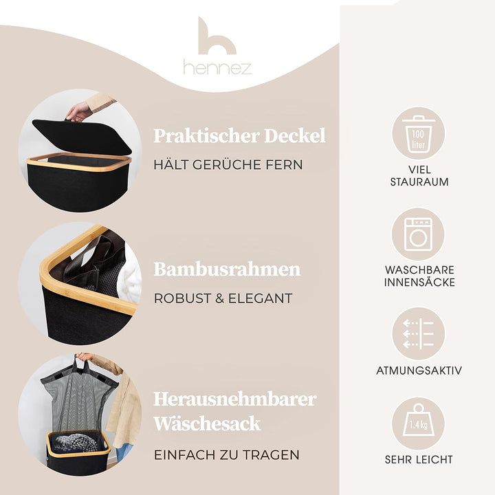 HENNEZ Wäschekorb mit Deckel 2 Fächer Wäschekorb schmal schwarz 141L Wäschesack - Wäschesortierer An