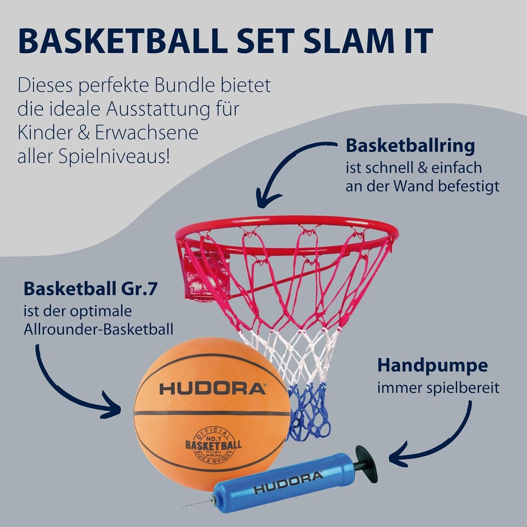 HUDORA Basketball-Set Slam It - Basketballset mit Korb, Basketball Grösse 7 & Handpumpe - robuster B