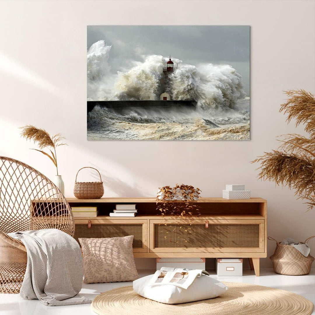ARTTOR Bilder auf Leinwand 100x70cm Leinwandbild Leuchtturm Ozean Sturm Gross Wanddeko Bild Schlafzi