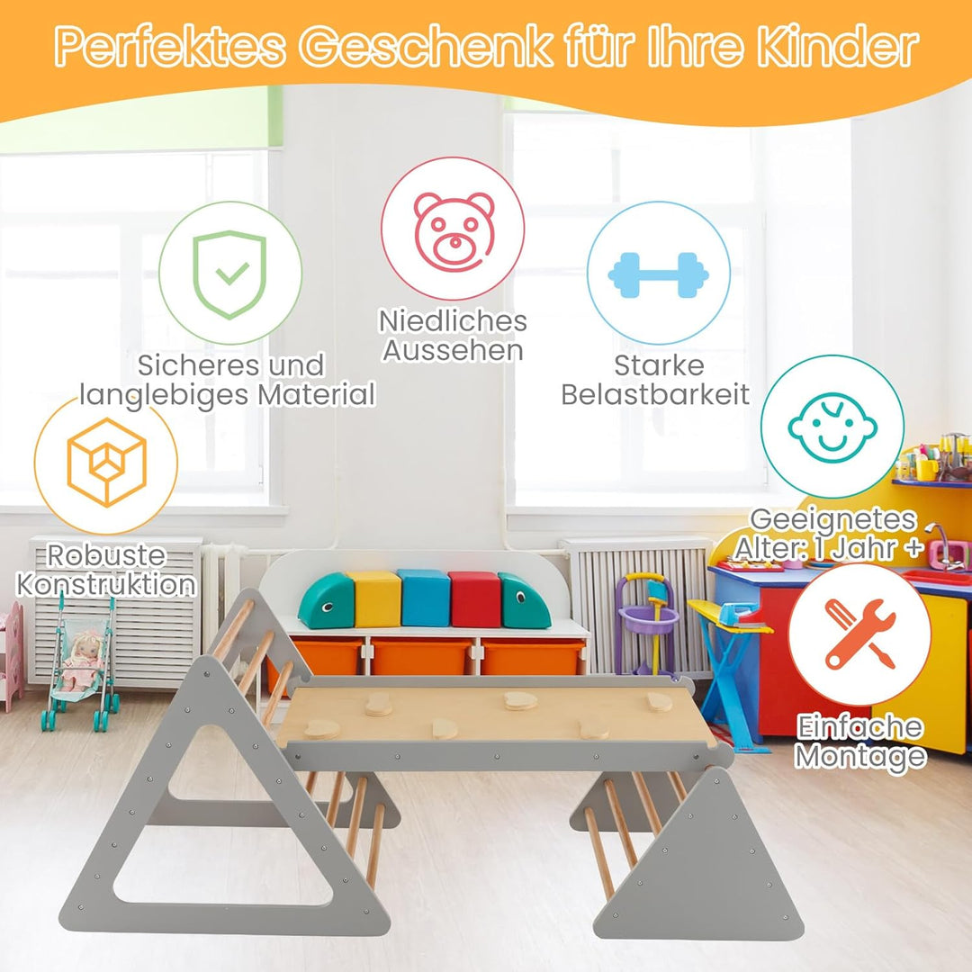 COSTWAY Klettergerüst Indoor, inkl. 2 Kletterdreieck & Kletterleiter, Indoor Spielgeräte Holz, Spros