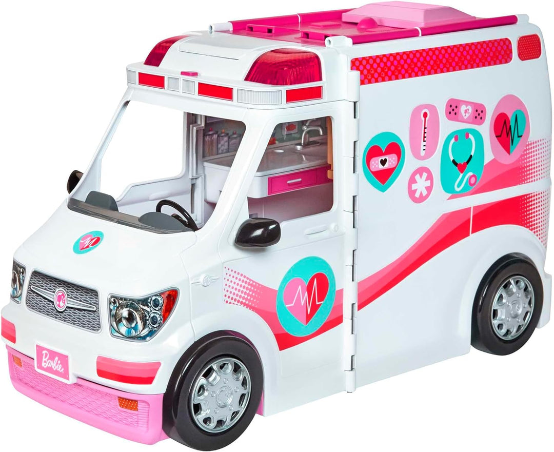 Barbie FRM19 - 2-in-1 Krankenwagen, aufklappbares Fahrzeug mit Licht und Geräuschen, Puppen Spielset