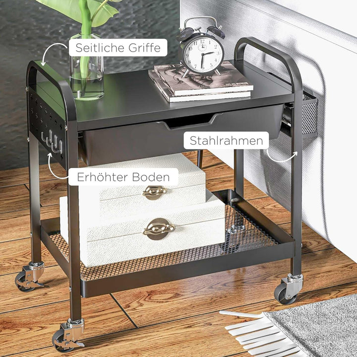 HOMCOM Servierwagen, Rollwagen mit 1 Schublade, 1 Ablage, Aufbewahrungswagen Beistellwagen mit Haken