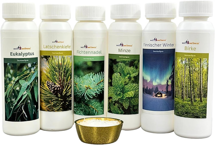 Sauna-Aufguss-Set 'Klassiker' 6 x 125 ml + gratis 10g Mentholkristalle