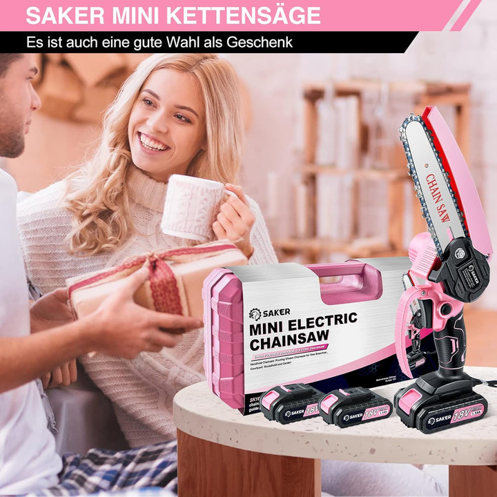 Saker Mini Kettensäge mit 2 Akkus 6 Zoll, Rosa kabellose kettensäge elektrisch mit 3 Ketten, 15 cm m