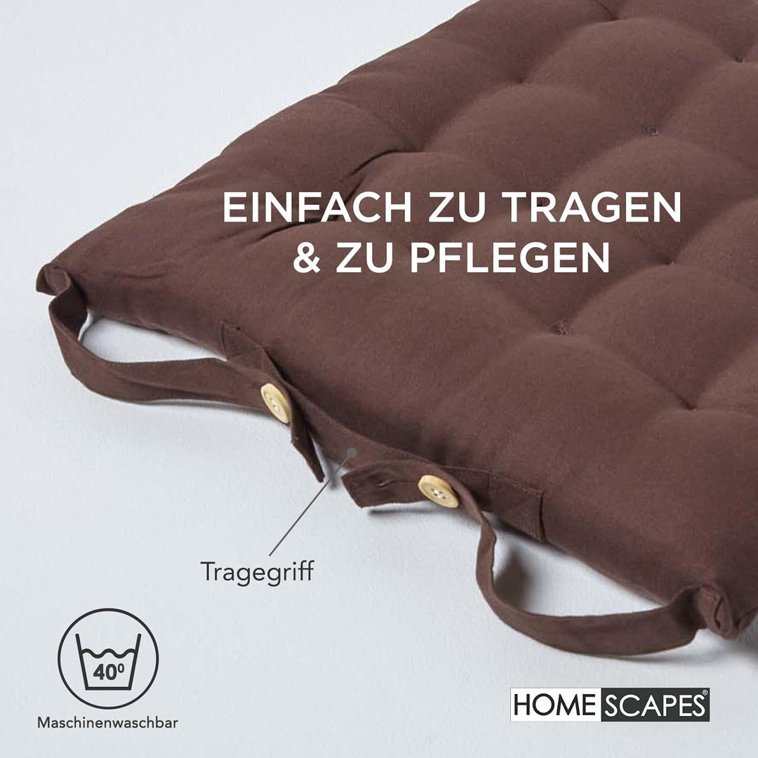 Homescapes 6er Set Stuhlkissen 40 x 40 cm, braun, Sitzkissen mit Bändern und Knopfverschluss, einfar