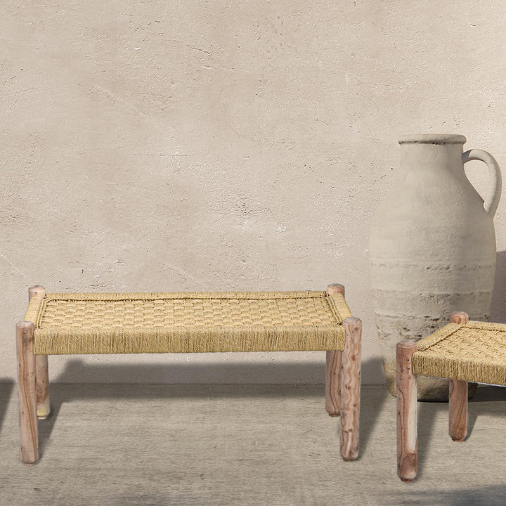 Marrakesch Sitzbank Bank aus Holz und Jute Josue 90 cm 2-Sitzer | Ideal im Garten Terrasse und Balko