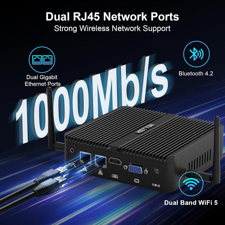 HISTTON N100 Mini PC Lüfterlos, DDR4 8GB RAM 128GB SSD, Industrie PC mit 2 RS232 COM, Dual LAN, WiFi