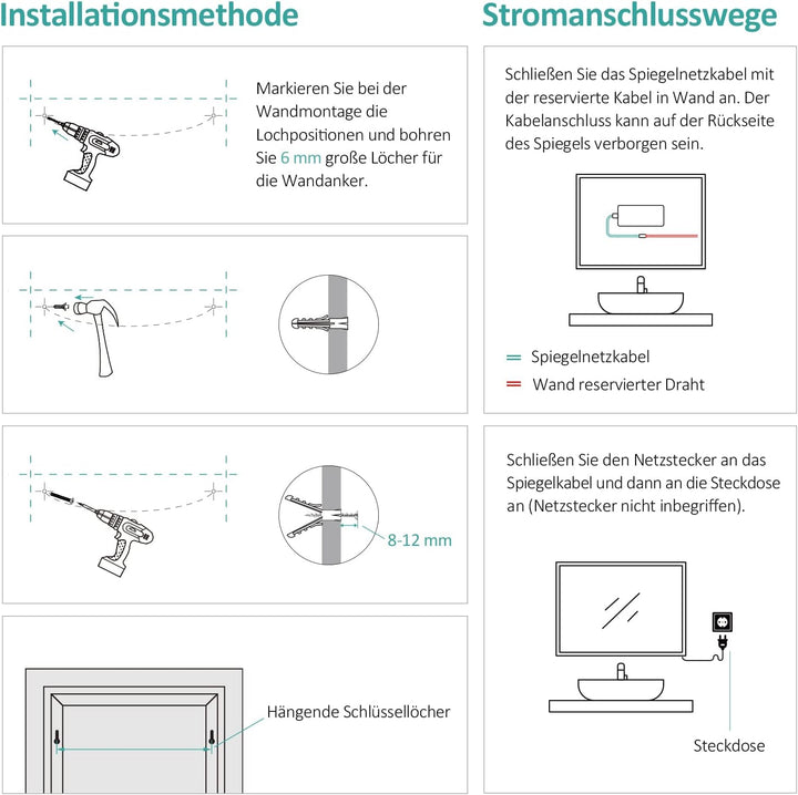EMKE Badspiegel mit Beleuchtung 80x60cm, Badezimmerspiegel mit Kippschalter+Beschlagfrei+2 Lichtfarb