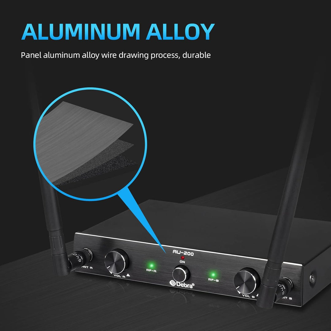 D Debra Audio AU200 Pro UHF 2-Kanal-Drahtlos-Mikrofonsystem mit schnurlosen Lavalier-Headset-Mikrofo