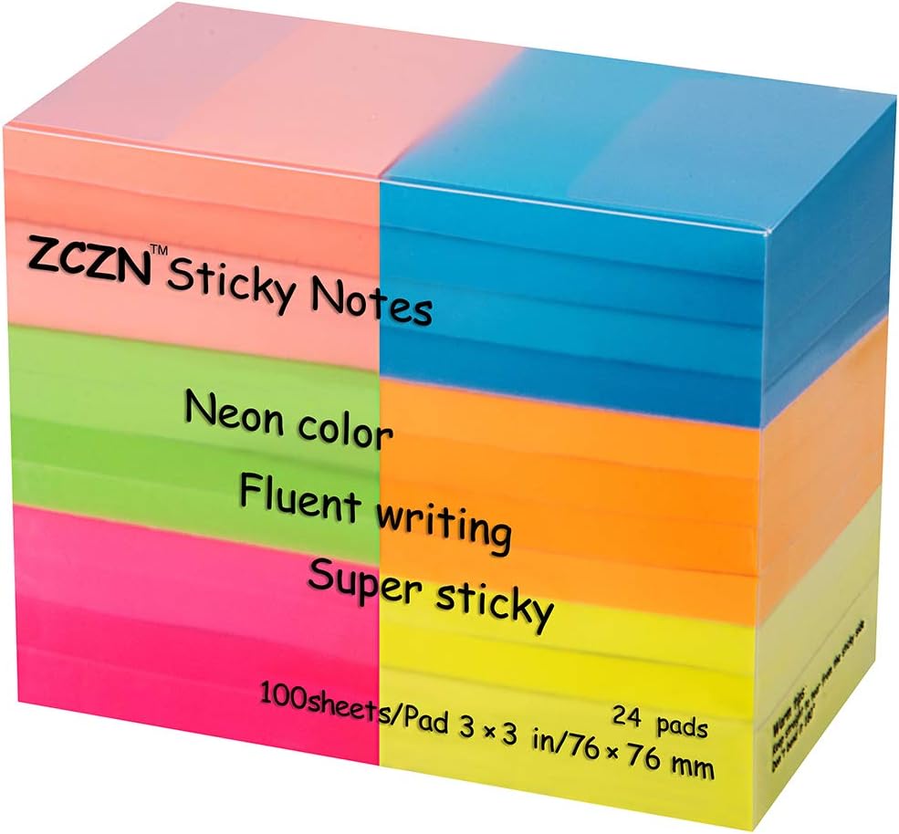 ZCZN Haftnotizen 24 Blöcke 76 x 76 mm Klebezettel, 100 Blatt/Block, Sticky Notes in 6 Neonfarben 6 N