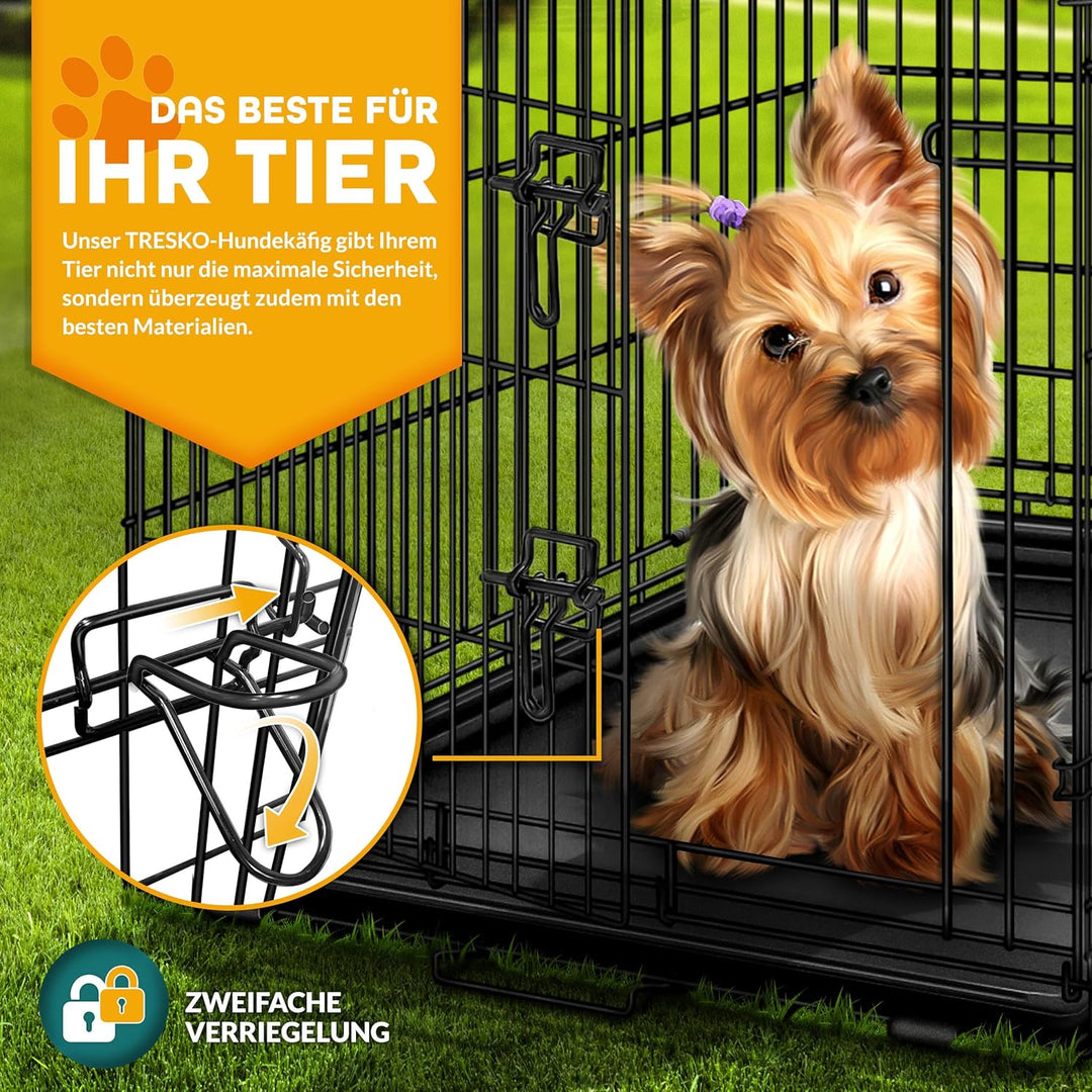TRESKO Hundekäfig 91 x 58 x 64 cm faltbar mit 2 Türen | Transportkäfig Auto | Hundebox mit Bodenscha