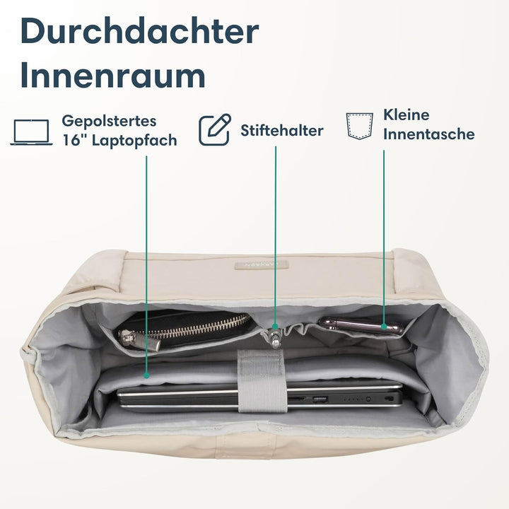 LARKSON Rolltop Rucksack Damen Gross Beige - No 2 - Daypack für Schule, Uni, Fahrrad - 16 Zoll Lapto