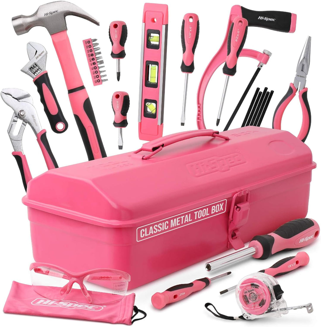 Hi-Spec Retro Pink Rosa Werkzeugkiste mit einer vielzahl von Pinken Werkzeugen die jede Frau braucht