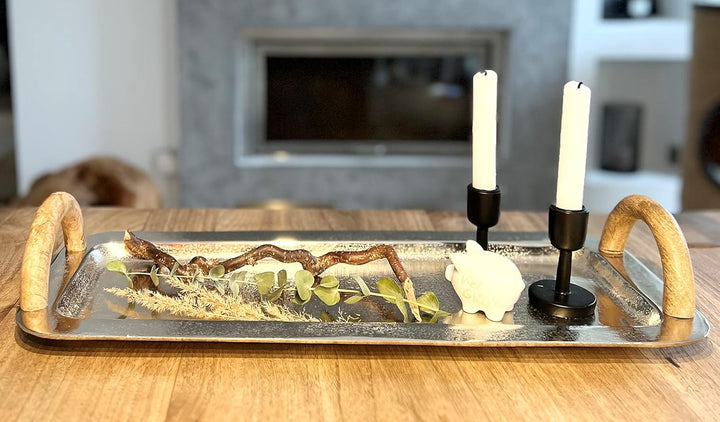 Brandsseller Serviertablett mit Holzgriffen ca. 55 x 23 cm Servierplatte Rechteckig Aluminium-Holz D