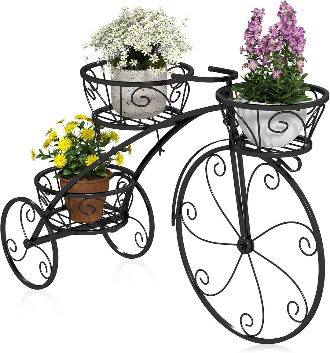 HOMASIS Blumenständer im Fahrradform, Blumentreppe Metall Pflanzenständer mit 3 Ebenen, Pflanzentrep