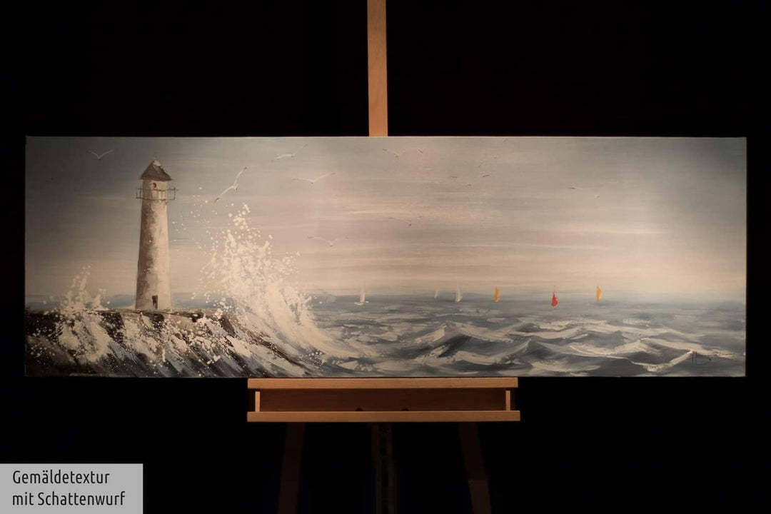 KunstLoft Leinwandbild | 100% HANDGEMALT | 150x50cm | Gemälde 'Leuchtturm in Sicht' | Leuchtturm | B