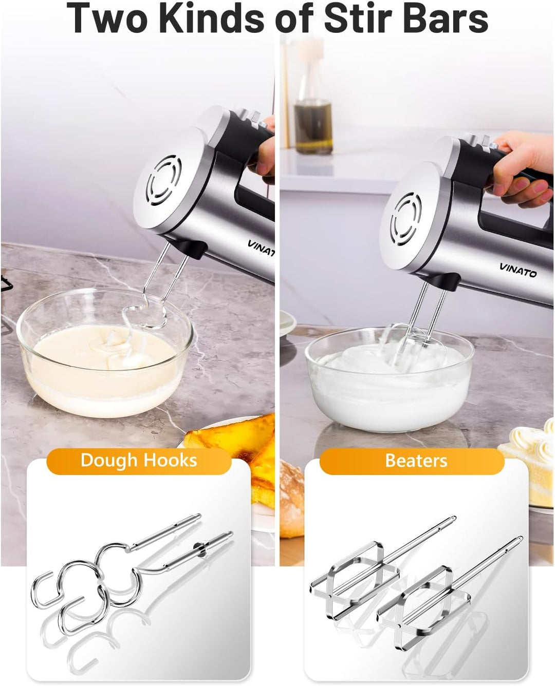 VINATO Elektrischer Handmixer, 300 Watt Handrührgerät mit 5 Geschwindigkeitsstufen, Handrührer mit 2
