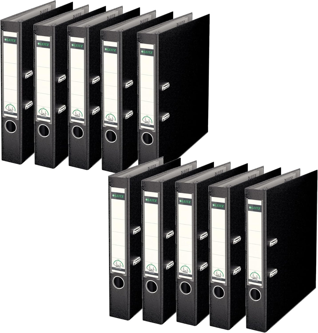 Leitz Qualitäts-Ordner 180° Plastik A4, 10er Pack, Schmal, Schwarz, 5,2 cm Rückenbreite, PP-laminier