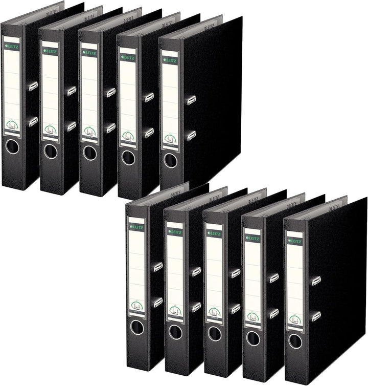 Leitz Qualitäts-Ordner 180° Plastik A4, 10er Pack, Schmal, Schwarz, 5,2 cm Rückenbreite, PP-laminier