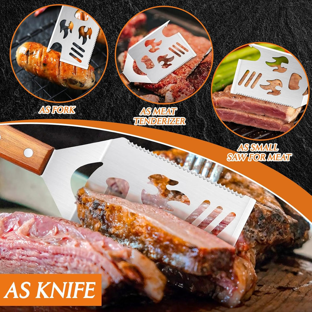 7-in-1 Grillspachtel für Grill mit 4 Stück Gabel, 42cm Grillwender Grillbesteck, Multifunktionales G