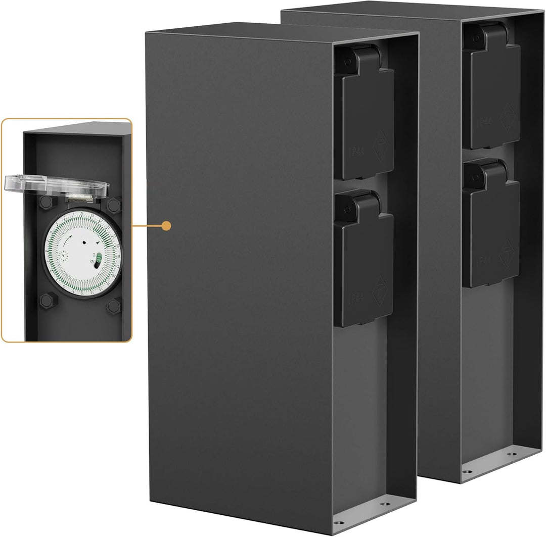 ledscom.de 2X Garten Steckdosensäule POMI für aussen, IP44, Timer/Zeitschaltuhr, 2-Fach, anthrazit,