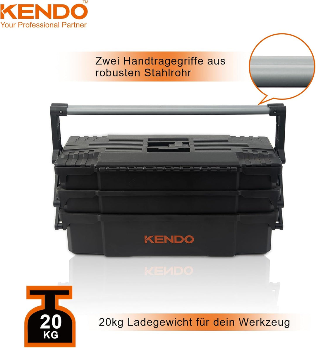 KENDO Werkzeugkasten leer Kunststoff - Leicht und extrem Robust - 46.5 x 23 x 21 cm - 4 aufklappbare