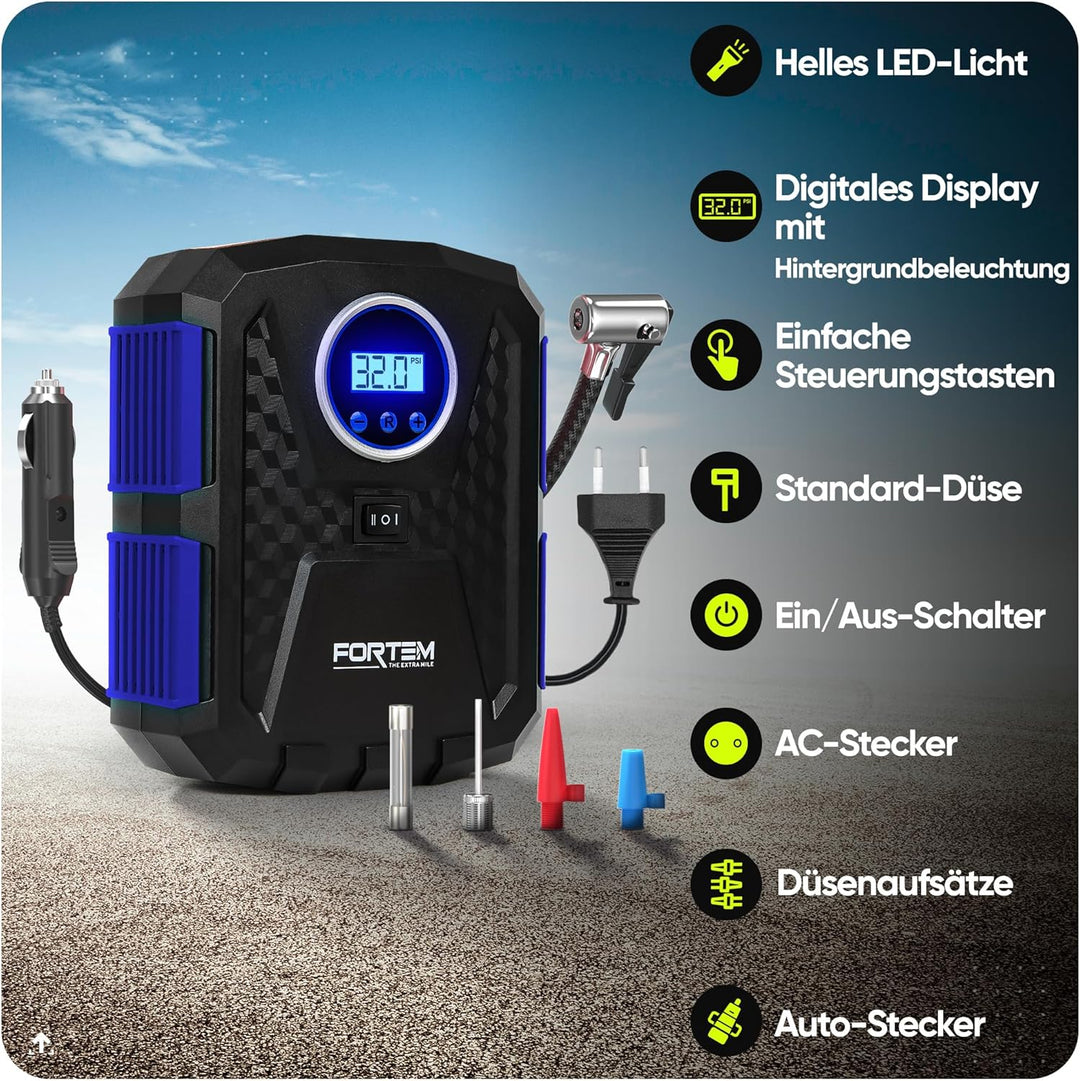 Fortem Tragbarer Kompressor Autoreifen, Kompressor Fahrrad, 12V Autoreifen Pumpe und Fahrradpumpe El