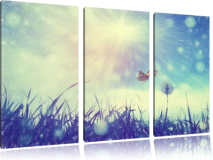 Pixxprint zarter Schmetterling fliegt zu Pusteblume Kunst Buntstift Effekt 3-Teiler Leinwandbild 120