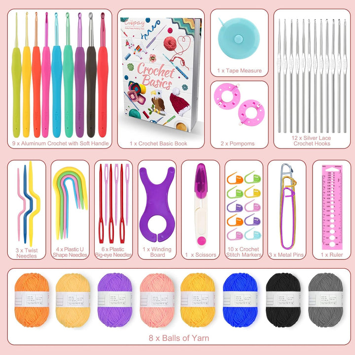 Coopay 62 Stück Häkelnadel Set für Anfänger, Tragbar Häkelset mit Wolle, Tasche, Häkelzubehör, Ergon