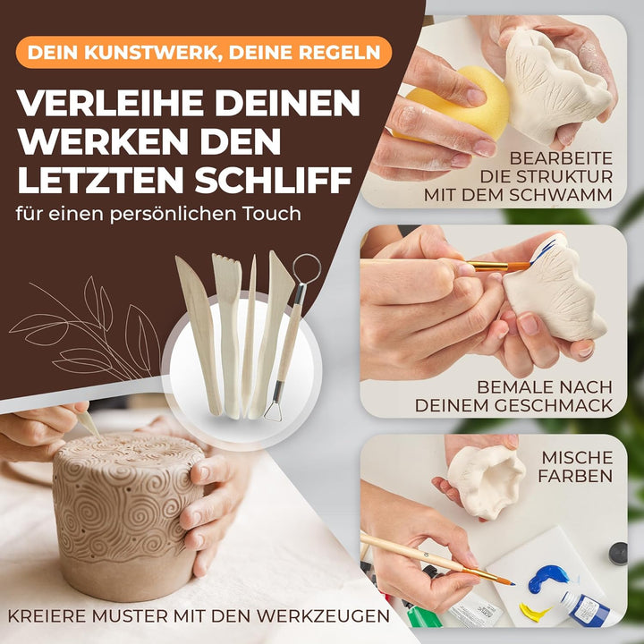 FORM FREUDE Töpferset für Zuhause – DIY Kreativset mit Lufttrocknendem Ton, Modellierwerkzeugen und