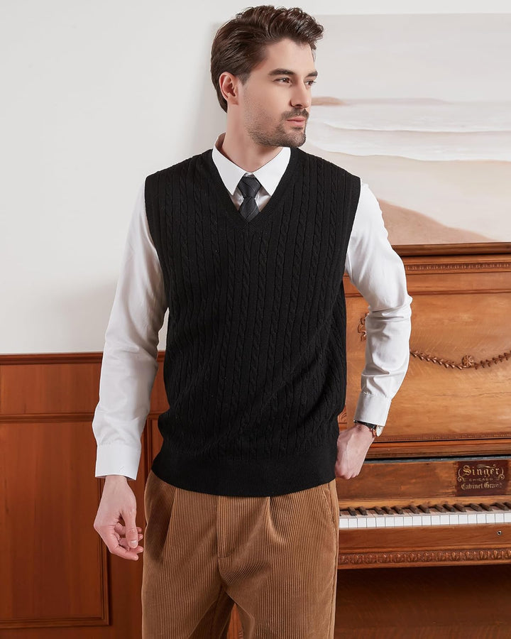 Kallspin Herren Strickweste Pulunder Ärmellos Zopfstrick V-Ausschnitt aus Wollmischung S Schwarz, S