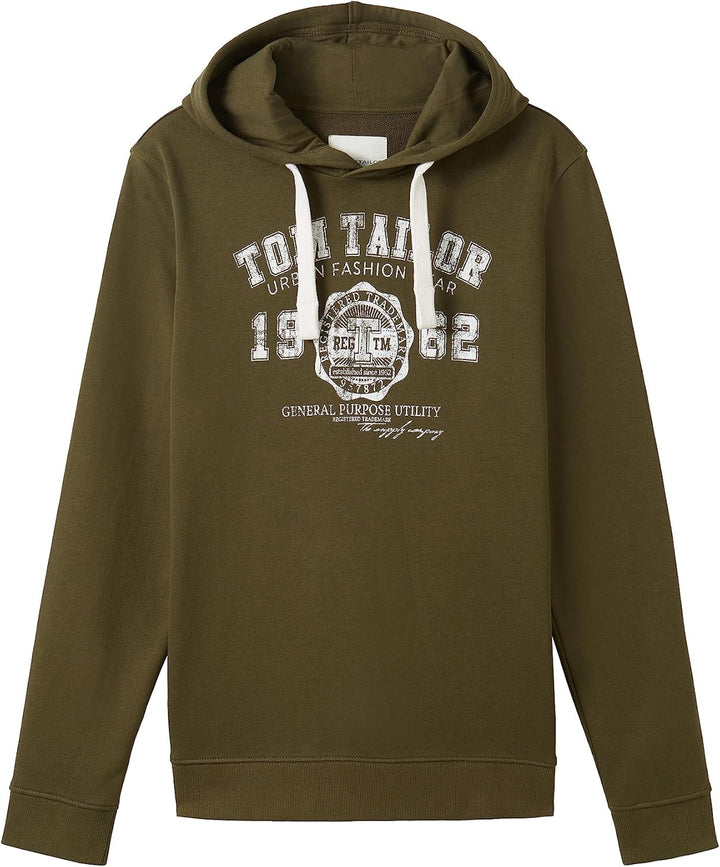TOM TAILOR Herren Basic Hoodie Sweatshirt mit Logo-Print L 13050 - Olive Night Green, L 13050 - Oliv