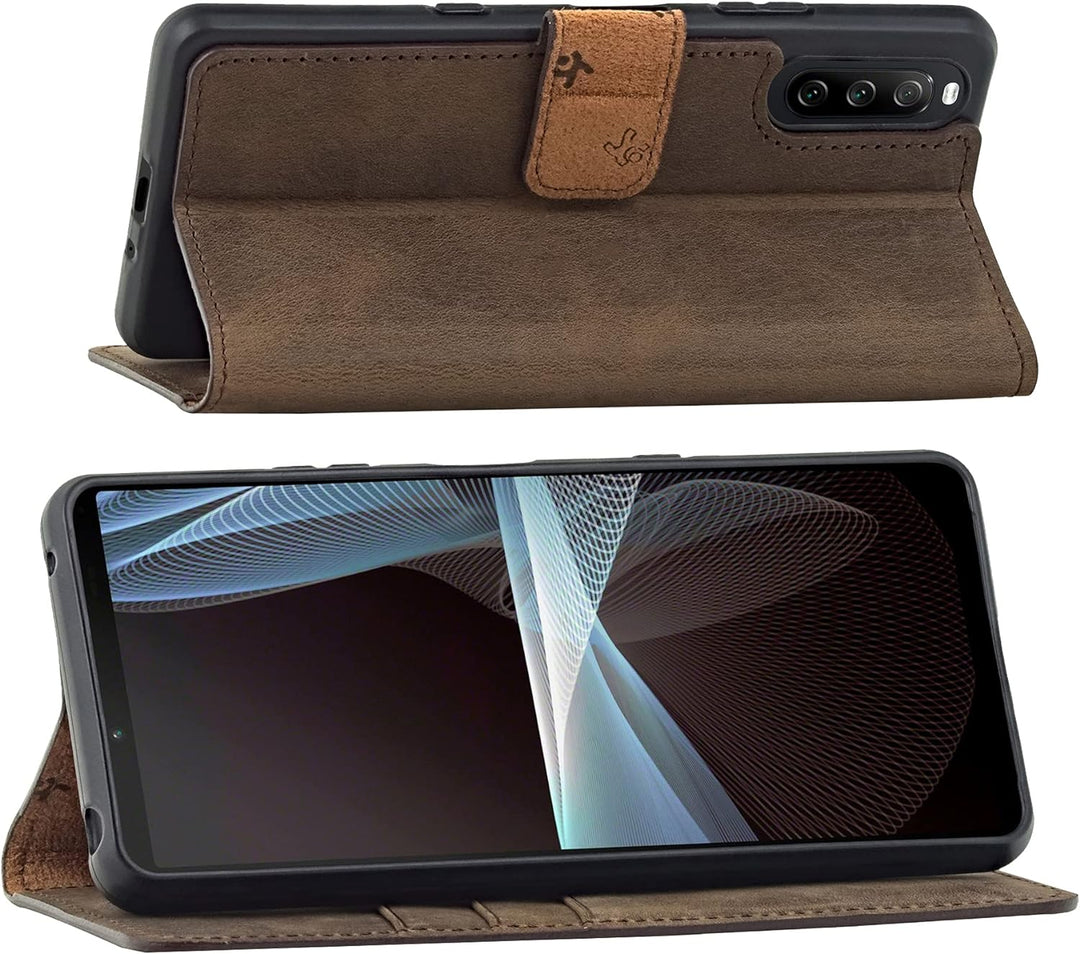 Suncase Book-Style Hülle kompatibel mit Sony Xperia 10 III 3 (2021) Leder Tasche (Slim-Fit) Lederhül