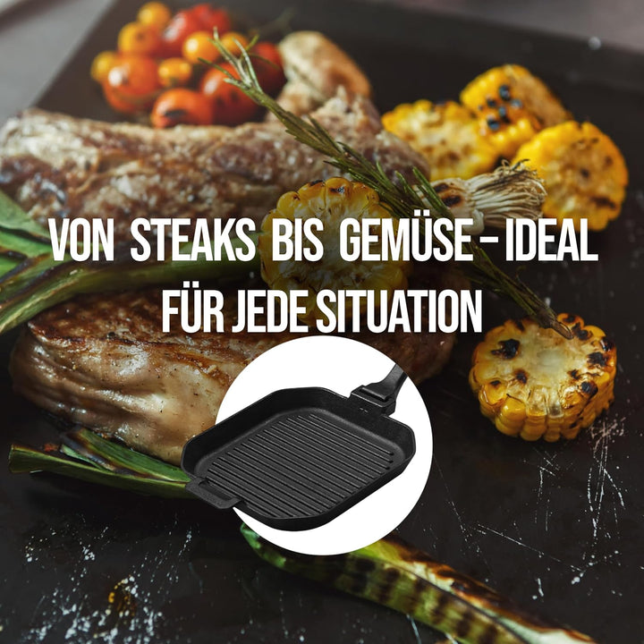 STEAK CHAMP Gusseisen Grillpfanne - Grillpfanne aus Gusseisen 26cm (quadratisch) mit abnehmbaren Gri
