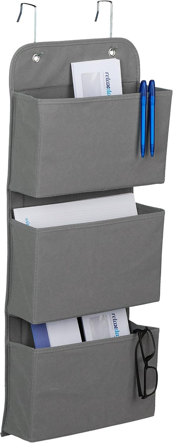 Relaxdays Hängeorganizer, 3 Fächer, Tür & Wand, Türregal mit Haken zum Einhängen, Bad, Flur, HBT: 75