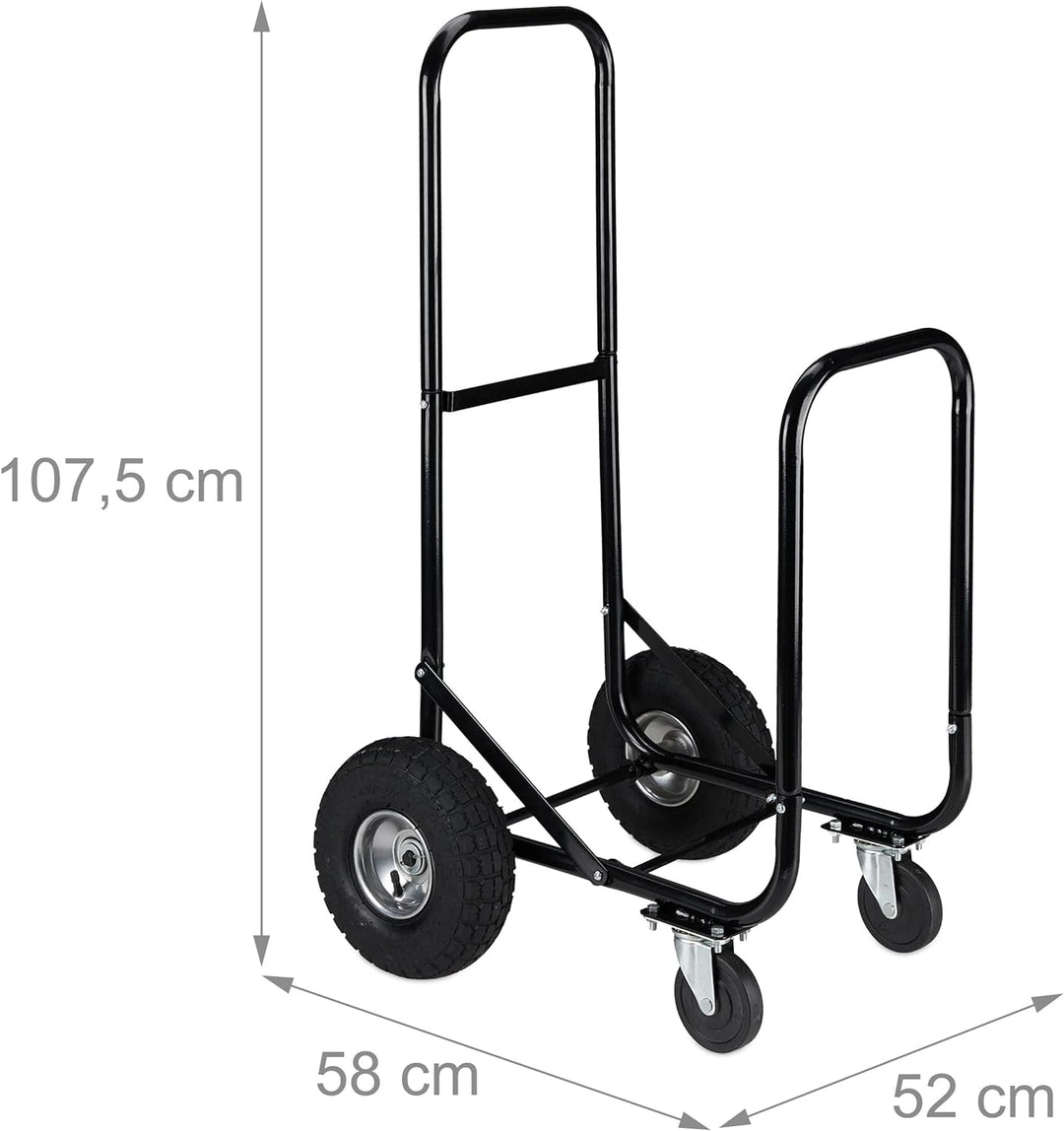 Relaxdays Kaminholzwagen, 2 Reifen & 2 Rollen, bis 60 kg, Brennholzwagen Stahl, Holztransport & -auf