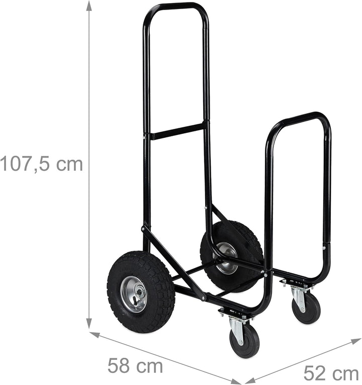 Relaxdays Kaminholzwagen, 2 Reifen & 2 Rollen, bis 60 kg, Brennholzwagen Stahl, Holztransport & -auf