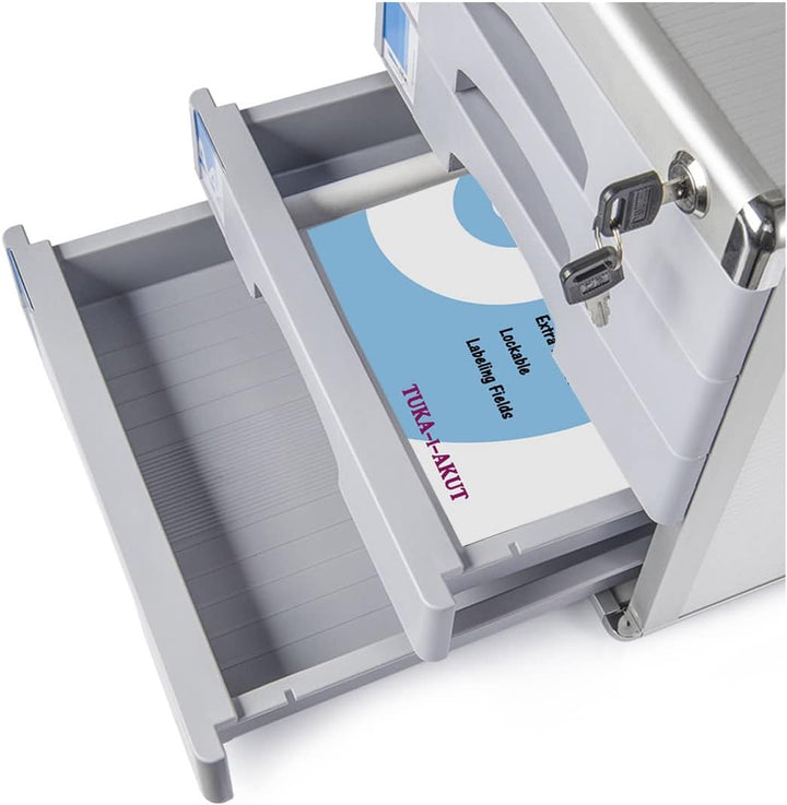 TUKA-i-AKUT Metall Schubladenbox Abschliessbar 3 Fächer A4, mit Beschriftungsfeldern, Dokumenten Auf