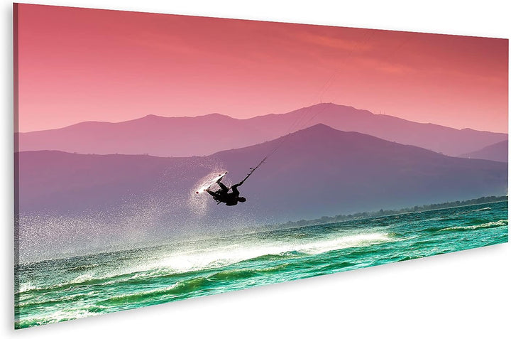 islandburner Bild auf Leinwand Drachensurfen Vor Berglandschaft Rosa Himmel Bilder Wandbilder Poster