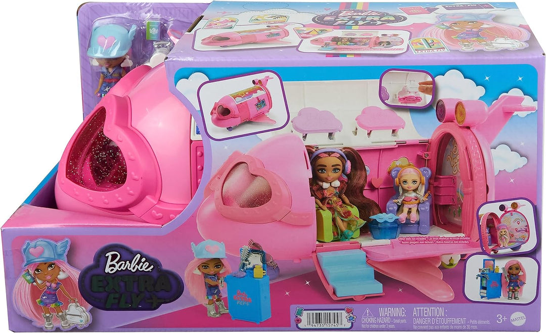BARBIE Extra Fly - Luxuriöses pinkes Flugzeug mit Mini Puppe und 15 Zubehörteilen, herzförmigen Fens