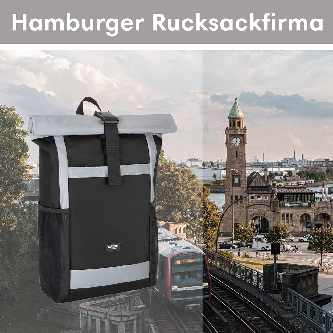 LARKSON Rolltop Rucksack Damen Gross Schwarz Reflektierend - No 2 - Daypack für Schule, Uni, Fahrrad