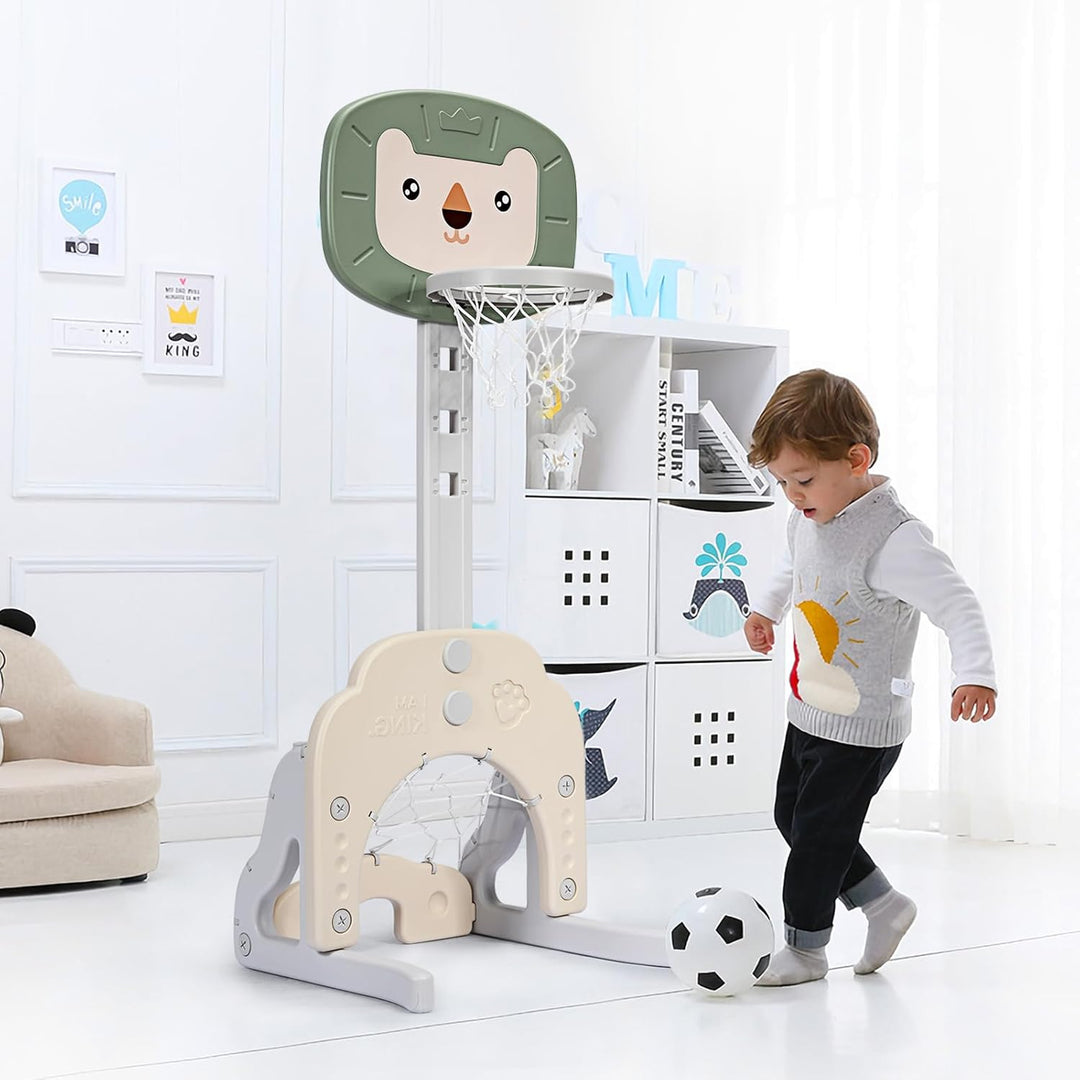 HOMASIS 3 in 1 Kinder Basketballkorb Set, multifunktionaler Basketballständer mit Fussballtor & Golf
