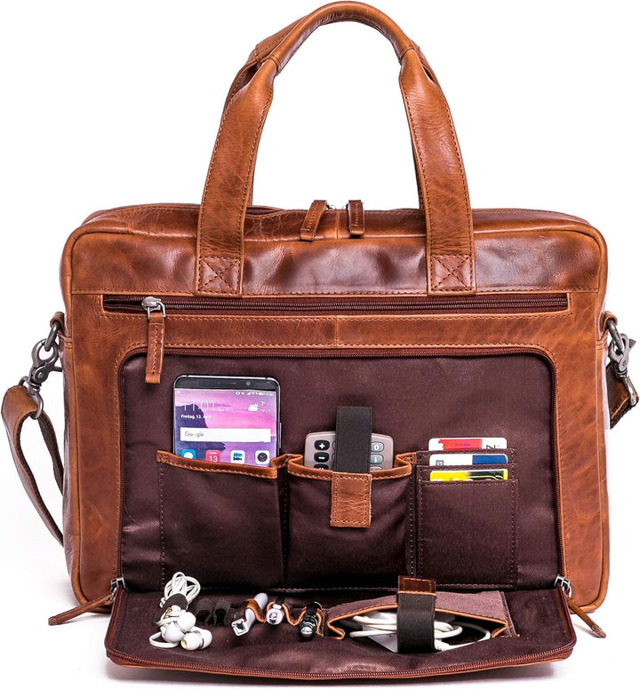 ALMADIH Leder Businesstasche Laptoptasche 15 Zoll Aktentasche BRUNO tolle Aufteilung Leder Business